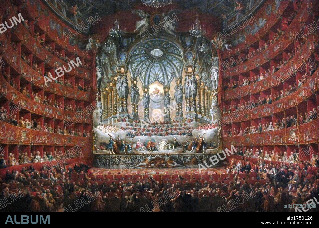 ARTE SIGLO XVIII. ITALIA. Giovanni Paolo Pannini (1691-1765). Pintor, arquitecto y paisajista de la escuela romana, discípulo de Benedetto Luti. 'Fiesta musical dada por el cardenal de la Rochefoucauld en el teatro Argentina de Roma el 15 de julio de 1747, en ocasión del marimonio del Delfín, hijo de Luís XV". Museo del Louvre. París. Francia. Europa.