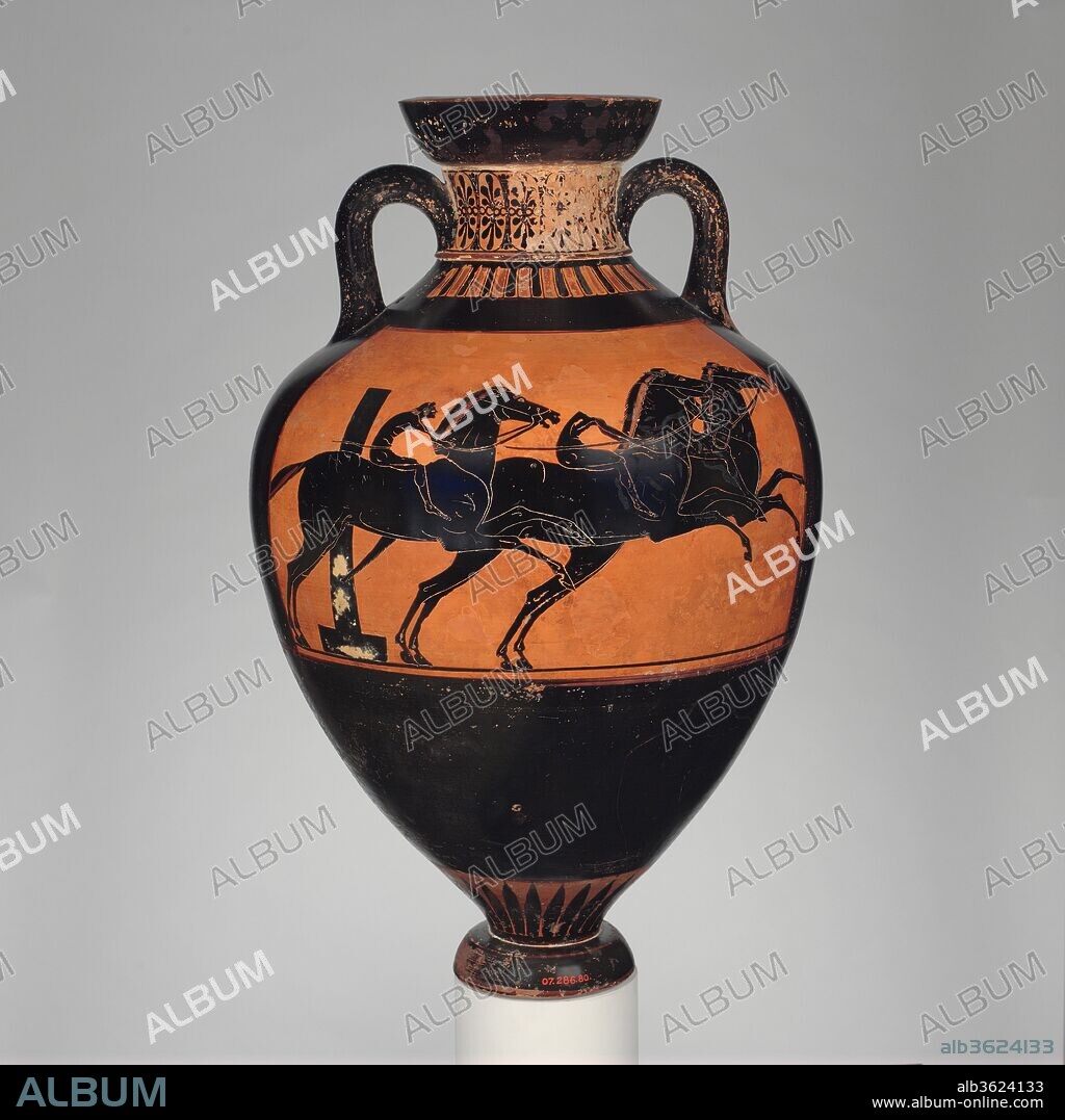 Terracotta Panathenaic prize amphora (jar). Culture: Greek, Attic. Dimensions: H. 25 in. (63.5 cm). Date: ca. 510 B.C..
Obverse, Athena
Reverse, horse race
This representation of a horse race includes the post marking the turn in the course.