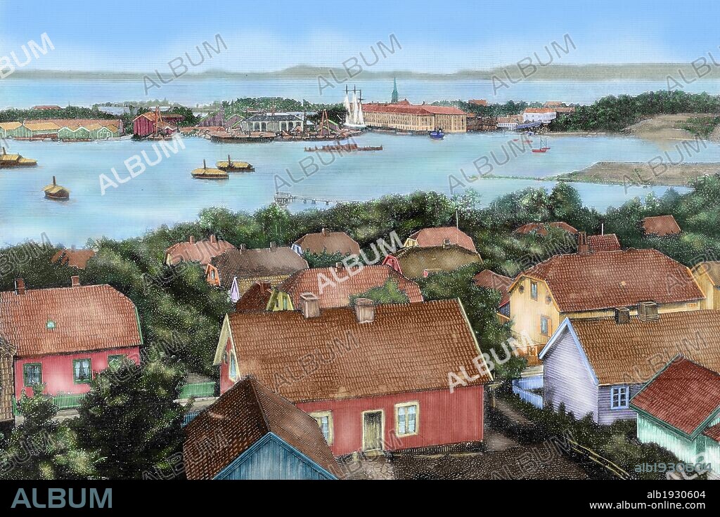 NORUEGA SIGLO XIX. HORTEN. Panorámica de la población y, al fondo, el PUERTO y el ARSENAL DEL ESTADO, en el acto de entrar en el dique la fragata española "Blanca" para reparar su avería. Grabado coloreado de "La Ilustración Española y Americana", año 1886.