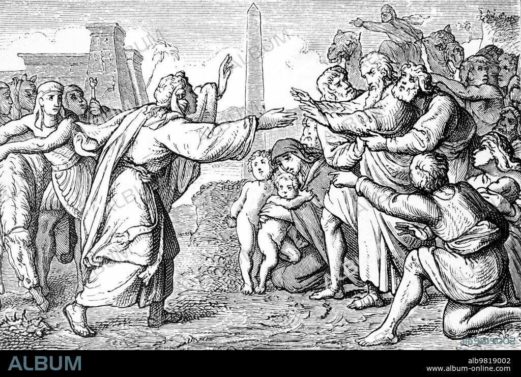 Joseph lets his old father Jacob come to Egypt; Old Testament; Bible; brothers; arrival; joy; many people; stele; children; reunion; historical illustration 1890.