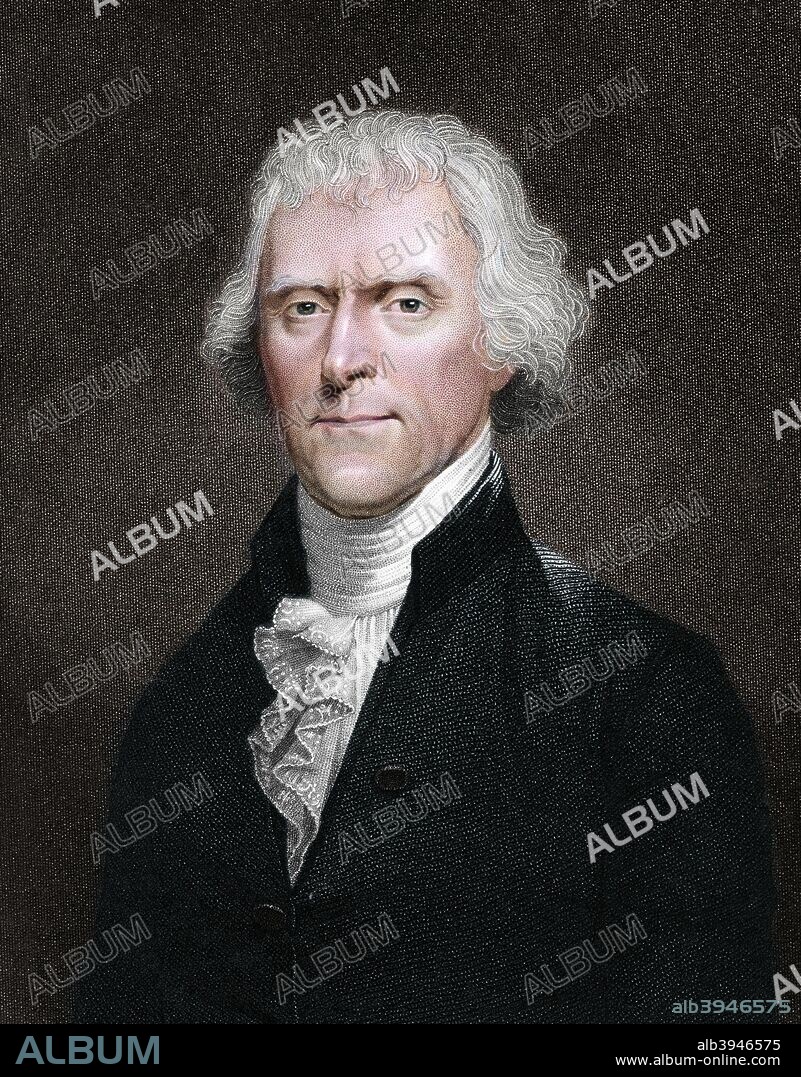 Thomas Jefferson, American president. Jefferson (1743-1826) was the primary author of the Declaration of Independence and one of the major figures of early American political history. After serving as the nation's first Secretary of State (1790-1793) and as Vice-President to John Adams (1797-1801), he was elected the third president of the USA, holding office from 1801-1809. (Colorised black and white print).