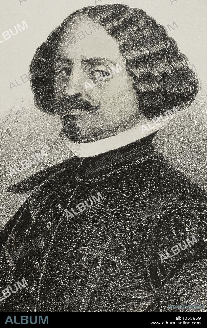Diego Rodríguez de Silva y Velázquez (1599-1660). Pintor barroco español. Dibujo por Letre. Litografía. Retrato, detalle. Crónica General de España, Historia Ilustrada y Descriptiva de sus Provincias. Andalucía, 1867. Biblioteca Histórico Militar de Barcelona, Cataluña, España.
