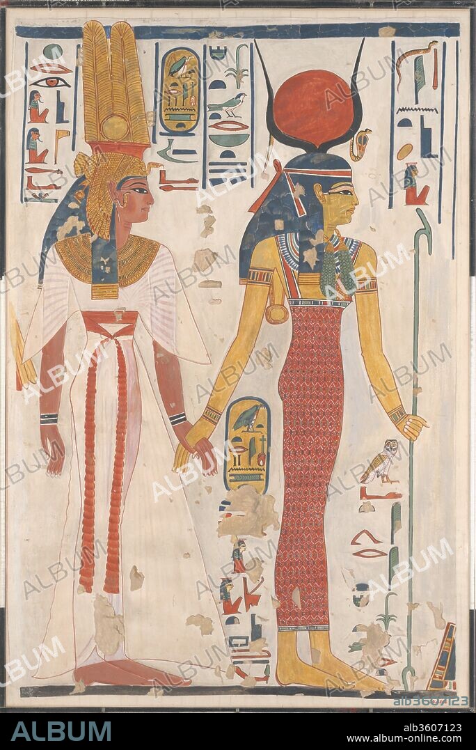 Queen Nefertari being led by Isis. Artist: Charles K. Wilkinson. Dimensions: facsimile: h. 70 cm (27 9/16 in); w. 46 cm (18 1/8 in)
scale approximately 1:3
framed: h. 73.7 cm (29 in); w. 49.5 cm (19 1/2 in). Dynasty: Dynasty 19. Reign: reign of Ramesses II. Date: ca. 1279-1213 B.C..
Nefertari was the main wife of pharaoh Ramses II and her tomb with its vivid wall paintings is one of the most beautiful tombs in Egypt. This watercolor copy depicts the queen (left) being led by the goddess Isis (right). Noteworthy is that Nefertari's husband, Ramses II, is absent in these scenes, indicating the queen's high status that allowed her to directly interact with the deities without him; such depictions would not be possible for non-royal individuals.