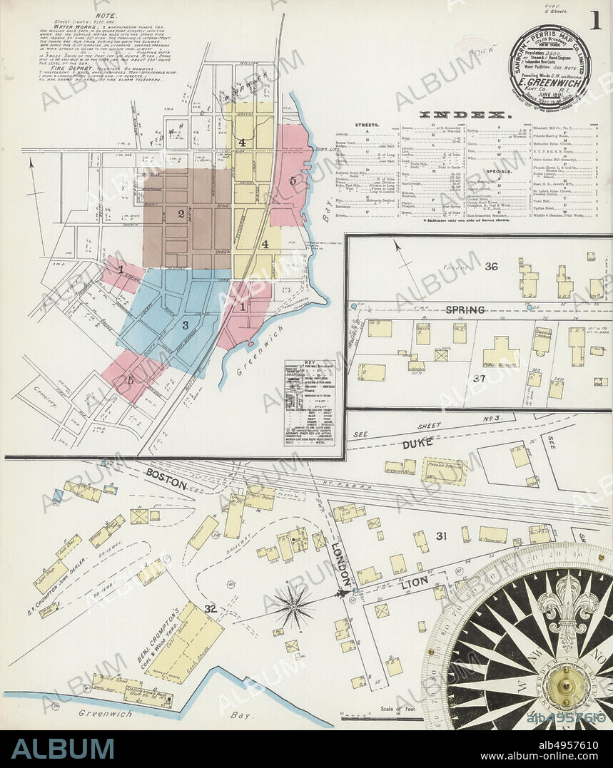 Image 1 of Sanborn Fire Insurance Map from East Greenwich, Kent County, Rhode Island. Jun 1891. 5 Sheet(s), America, street map with a Nineteenth Century compass.