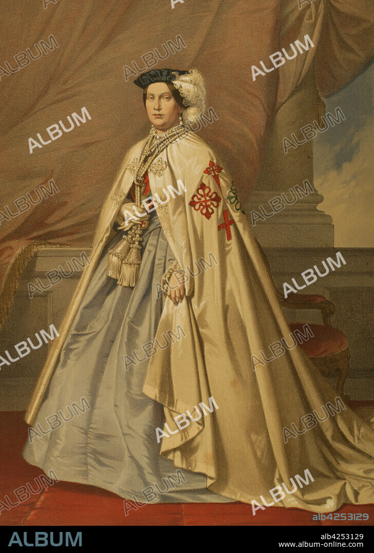 Isabella II of Spain (1830-1904). Queen of Spain (1833-1868). The queen wearing the cape of Grand Master of the military orders of Santiago, Calatrava, Alcántara and Montesa. Chromolithography. "Historia de las Ordenes de Caballería y de las Condecoraciones Españolas" (History of the Orders of Chivalry and the Spanish Decorations) Madrid, 1865. Spain.