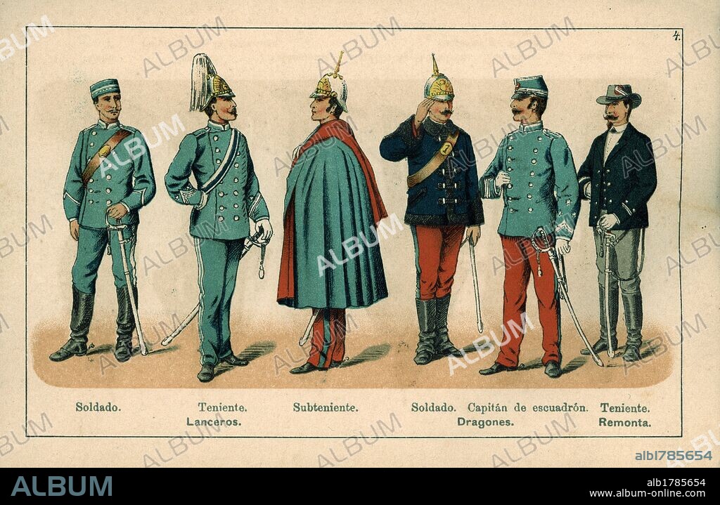 Uniformes del Ejército español. Año 1888. Lanceros, Dragones y Remonta.