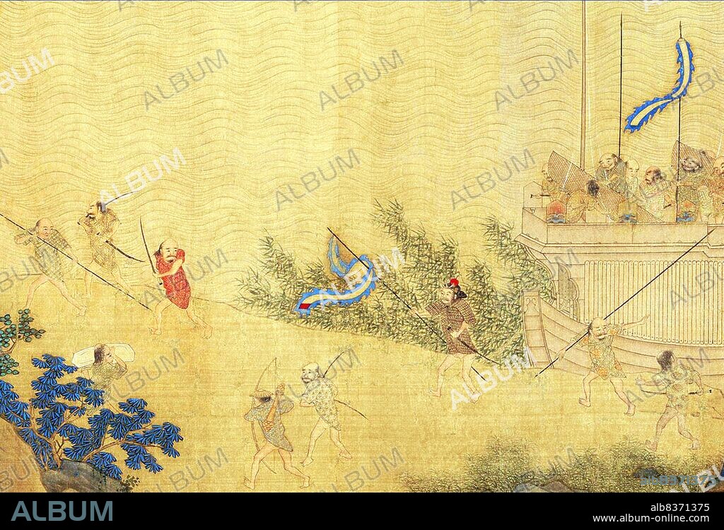 In the waning years of the Yuan dynasty (1279-1368), <i>wokou</i> (Japanese pirates) raided the coastal provinces of eastern China with increasing regularity. Despite suffering defeat in Shandong in 1363, raiding parties continued, pushing even farther south along the coast to Fujian Province.<br/><br/>. The scroll in its entirety shows a party of Japanese pirates landing in a coastal community, scouting and raiding local residences, the flight of refugees, and the response of Ming troops who defend the area in a pitched battle on the water.