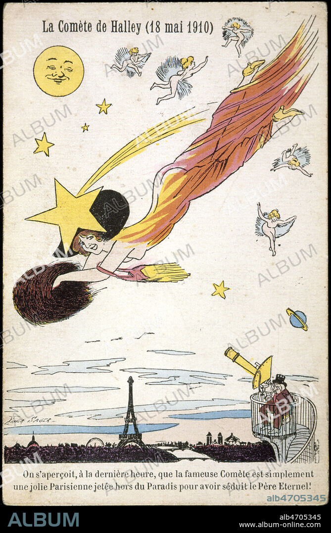 'La comete de HALLEY (18 mai 1910). On s'apercoit, a la derniere heure, que la fameuse comete est simplement une jolie Parisienne jetee hors du Paradis pour avoir seduit le Pere Eternel!'. Carte postale de 1910 illustree par Xavier SAGER (1870-1930). Credit : Collection KHARBINE-TAPABOR.