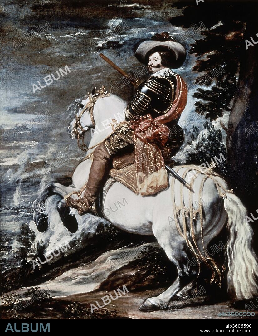 ATTRIBUTED TO VELÁZQUEZ (DIEGO RODRÍGUEZ DE SILVA Y VELÁZQUEZ) and AND / OR JUAN BAUTISTA MARTÍNEZ DEL MAZO. Don Gaspar de Guzmán (1587-1645), Count-Duke of Olivares. Artist: Attributed to Velázquez (Diego Rodríguez de Silva y Velázquez) (Spanish, Seville 1599-1660 Madrid); and/or Juan Bautista Martínez del Mazo (Spanish, Cuenca ca. 1612-1667 Madrid). Dimensions: 50 1/4 x 41 in. (127.6 x 104.1 cm). Date: ca. 1635.

The Count-Duke of Olivares was Philip IV's powerful prime minister between 1621 and 1643. This picture is either a preliminary model or a reduced variant of a large equestrian portrait of the count-duke (Prado, Madrid), painted perhaps in celebration of a victory over the French at the border town of Fuenterrabía in 1638. In full armor and holding a baton, he is shown as a victorious commander. His horse holds a dressage position known as a levade.
The Count-Duke of Olivares was Philip IV's powerful prime minister between 1621 and 1643. Although of extremely fine quality and incorporating differences, this picture is probably a reduced variant of a life-size equestrian portrait of the count-duke in the Museo del Prado, Madrid. It may have been painted by his son-in-law, Juan Bautista del Mazo--possibly with Velazquez's intervention. Olivares is shown in full armor and holding a baton, as a victorious commander. His horse holds a dressage position known as a levade. In the background smoke rises from the battlefield.