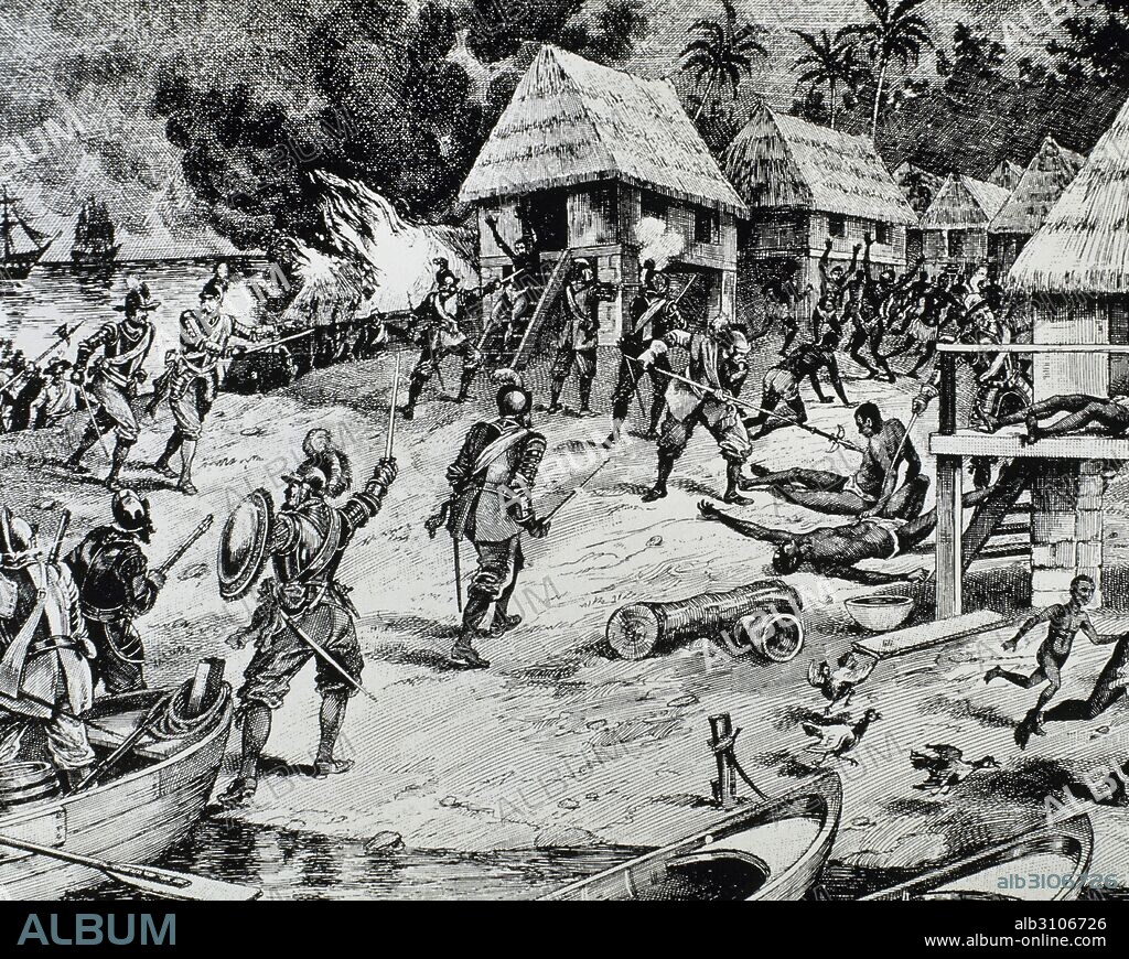 LA CONQUISTA DE AMERICA DEL NORTE (1492-1607). Los conquistadores españoles se ganaron una mala reputación por el trato cruel dado a los indios, creándose una leyenda negra fomentada por los ingleses. Grabado del siglo XIX.