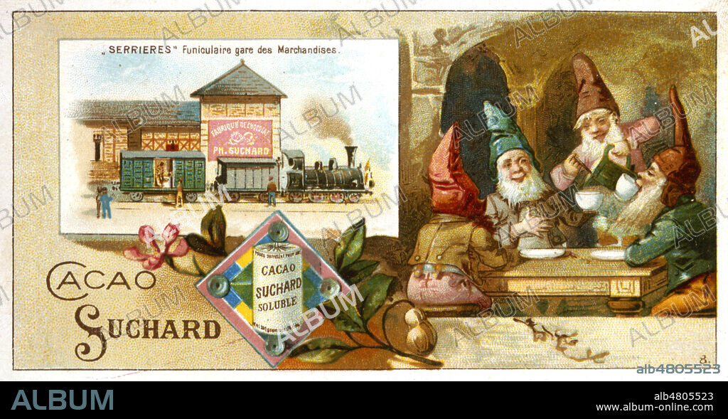 Chromo publicitaire vers 1900 pour le chocolat Suchard soluble (en poudre) et vue de l'usine 'Serrieres, funiculaire gare des marchandises'. Credit: Collection Kharbine-Tapabor.