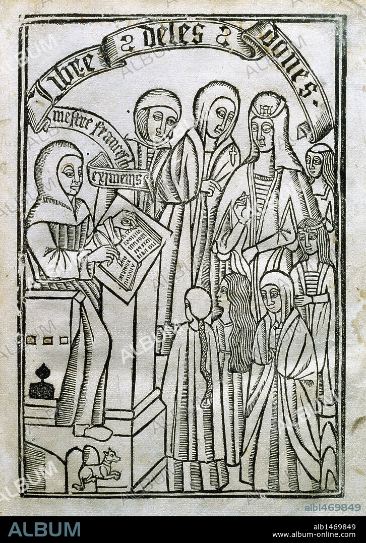 LITERATURA CATALANA. Siglos XIV-XV EIXIMENIS, Francesc (1327-1409?) Escritor y religioso catalán. "LLIBRE DE LES DONES". Incunable (Barcelona año 1495). Biblioteca de Cataluña. Grabado que representa al autor escribiendo el libro. Barcelona. Cataluña.