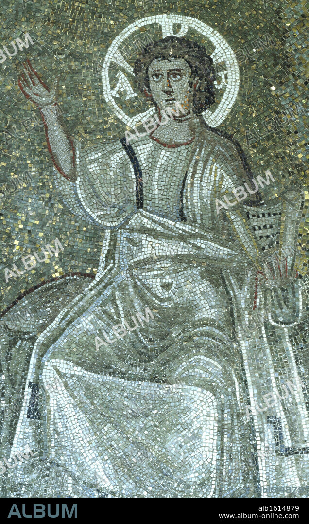EARLY CHRISTIAN MOSAICIST-4THC. Detail of the Face of Christ,  Christ and the Disciples by Early Christian Mosaicist,  mosaic,  Milan,  San Lorenzo Maggiore,  Capella di Sant' Aquilino,  4th century.