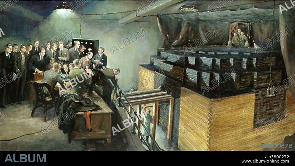 Painting depicting the moment at which the first self-sustaining nuclear chain reaction occurred, on December 2, 1942. The pile was built by a team led by the Italian physicist Enrico Fermi in a squash court under the stands of Chicago University's Stagg Field, and consisted of a complex lattice of bricks of graphite and "slugs" of uranium. At bottom center is George Weil, operating one of the control rods. At top right is the "liquid control squad", armed with buckets of a solution of a cadmium salt (in case of mechanical failure of the control rods). Painting by John Cadell.