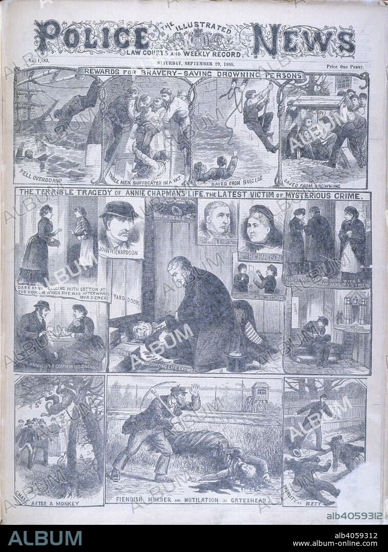 Annie Chapman. The Illustrated Police News. Law courts and weekly. London, September 29, 1888. The terrible tragedy of Annie Chapman's life. The latest victim of mysterious crime'. Illustrations relating to the Whitechapel or 'Jack the Ripper' murders.  Image taken from The Illustrated Police News. Law courts and weekly record.  Originally published/produced in London, September 29, 1888. . Source: Colindale, front page, number 1,285. Language: English.