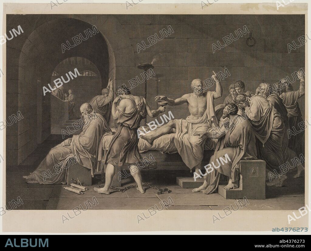 Jean Baptiste Massard, French, 1740-1822, after Jacques Louis David, French, 1748-1825, Mort de Socrate, between mid-18th and early 19th century, Engraving printed in black ink on wove paper, Sheet (trimmed within plate mark): 20 3/4 × 27 5/8 inches (52.7 × 70.2 cm).