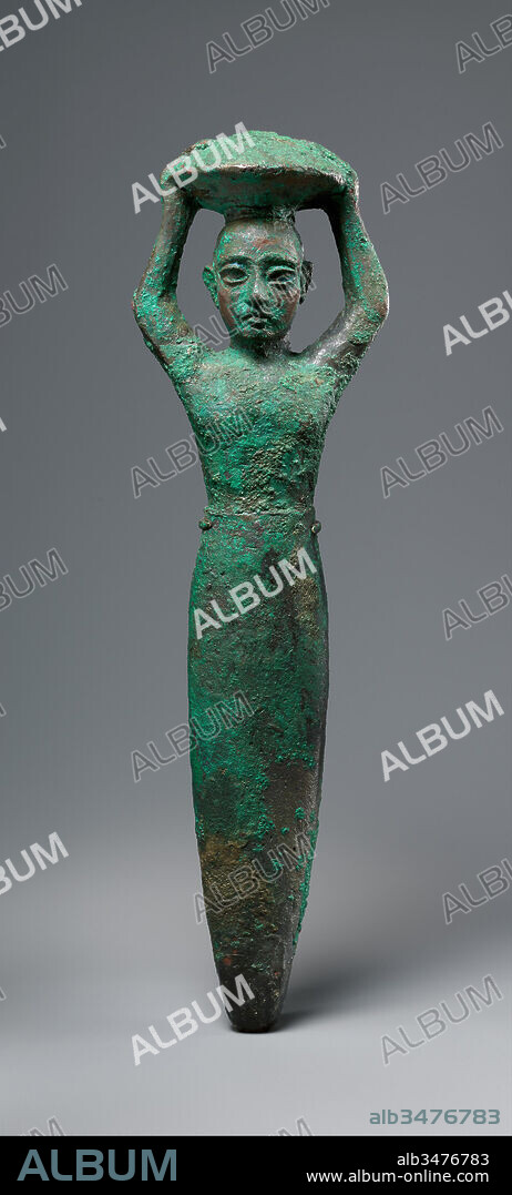 Foundation figure of king Shulgi of Ur, carrying a basket, Ur III, ca. 2094–2047 B.C., Mesopotamia, Nippur, Neo-Sumerian, Copper, 12 1/4 x 2 3/16 in. (31.1 x 5.6 cm), Metalwork-Sculpture,.