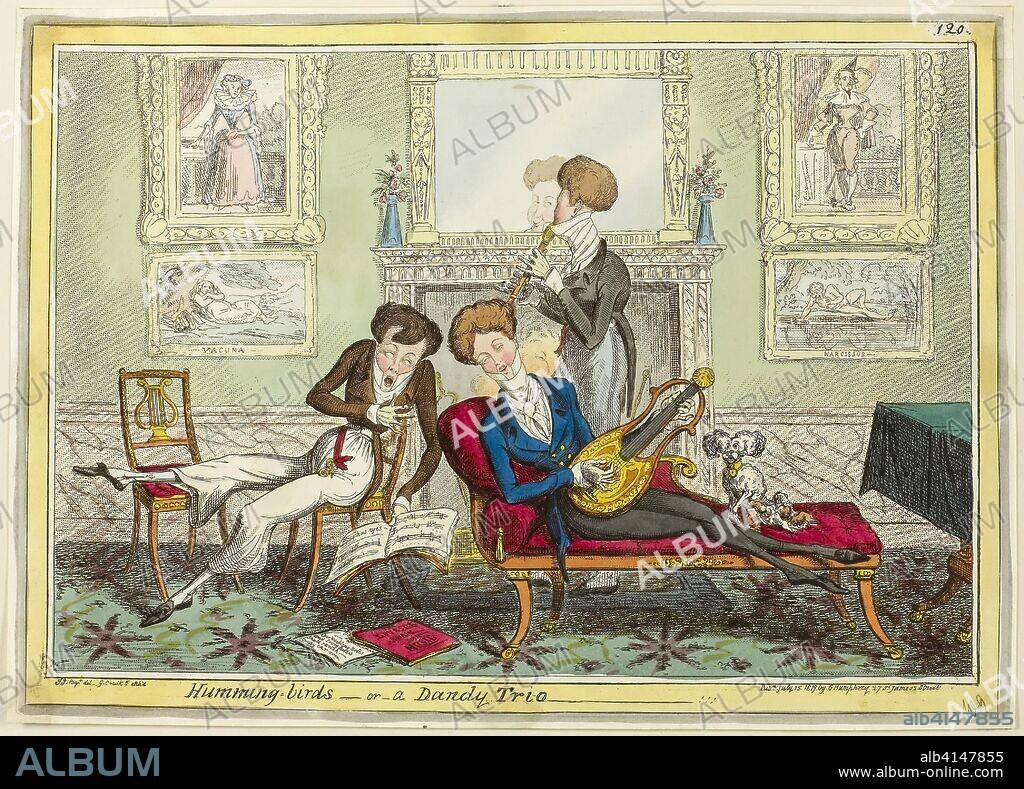 Humming Birds, or A Dandy Trio. George Cruikshank (English, 1792-1878); published by George Humphrey (English, c. 1773-1831). Date: 1819. Dimensions: 242 × 342 mm (image); 250 × 350 mm (plate); 294 × 423 mm (sheet). Hand-colored etching on paper. Origin: England.