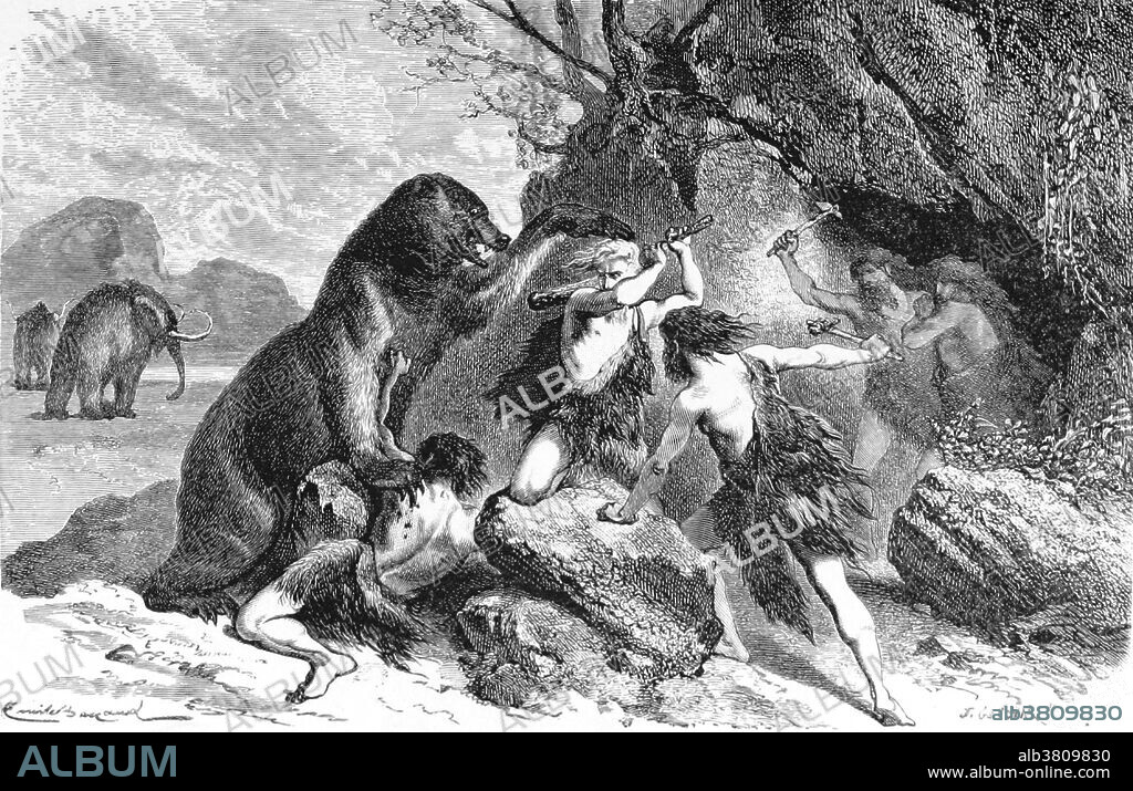 Prehistoric Men Battle Cave Bear