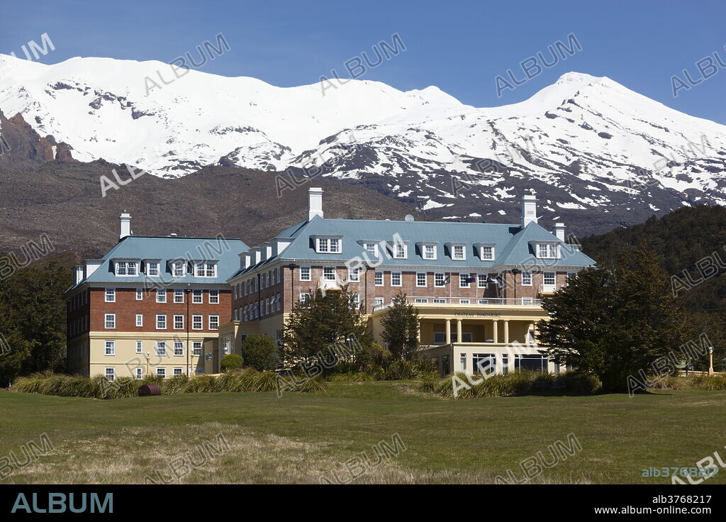 Chateau Tongariro hotel and Mount Ruapehu, Tongariro National Park, UNESCO World Heritage Site, North Island, New Zealand, Pacific.