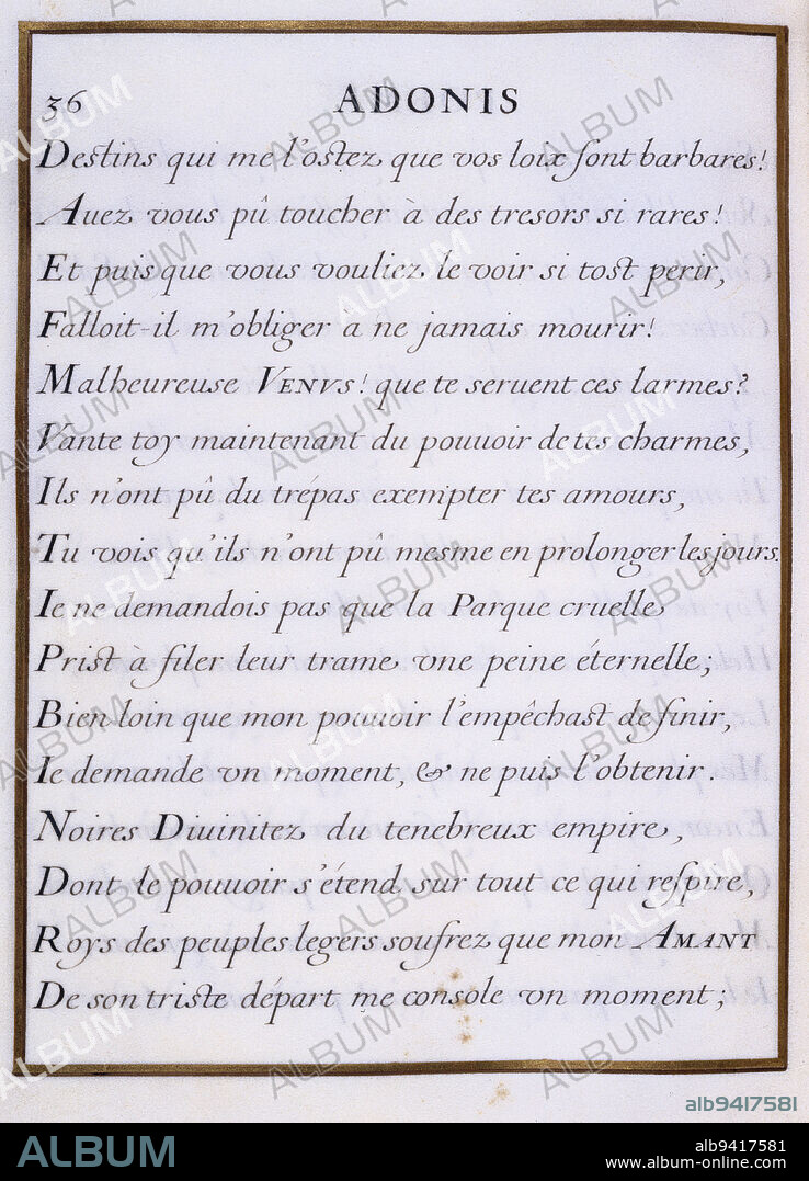 Adonis, La Fontaine, Jean de, Man or Woman of Letters - Writer, Le Gascon, Bookbinder, Chauveau, François, Draughtsman, Jarry, Nicolas, Calligrapher, In 1658, 17th century, Manuscripts, Printed matter, Binding, Manuscript, Vellum, Maroquin, Gilding = gilding, Ink, Height: 32. 4 cm, Width: 24.3 cm, Depth: 2.3 cm, Dimensions - Box:, Height: 34 cm, Width: 26.2 cm, Depth: 3.2 cm.