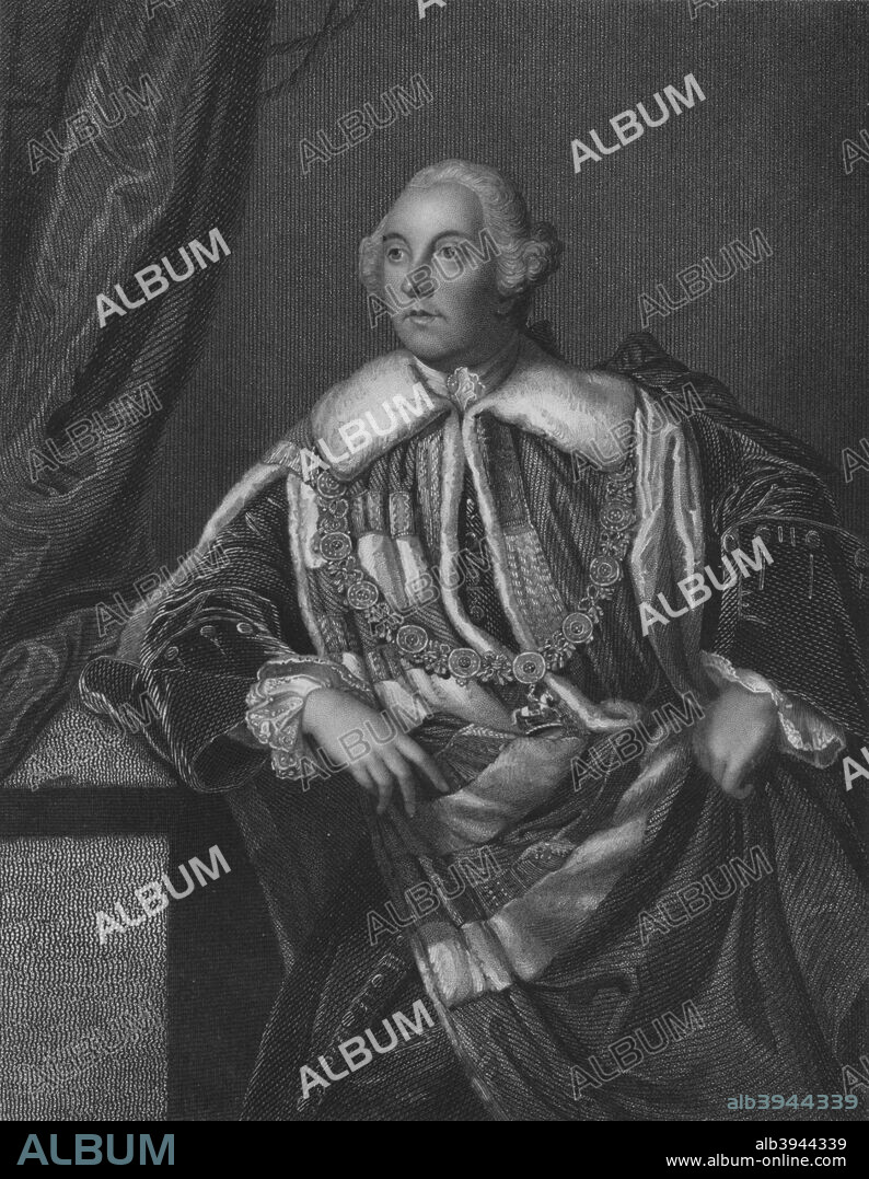 'John Russell, Duke of Bedford', 1835. An 18th-century British statesman, in the House of Lords he joined the Patriot Whig opposition hostile to the Prime Minister Sir Robert Walpole. After Joshua Reynolds (1723-1792). [Harding & Lepard, London, 1835].