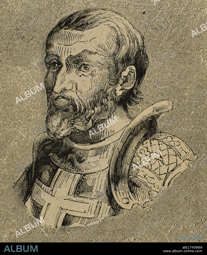GUNDEMARO. Rey visigodo (611 a 612). Fue elegido a la muerte de Witerico y por voto de los nobles. Grabado.