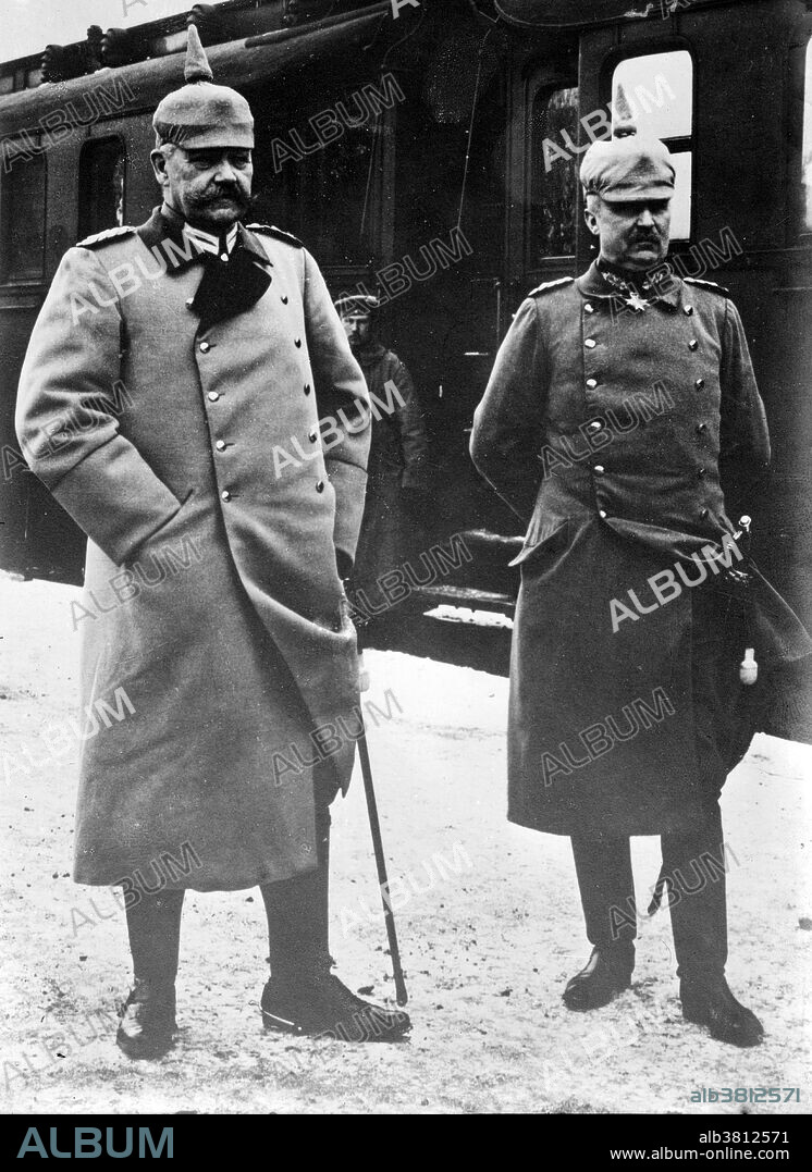 General von Hindenburg with General Ludendorff. Paul Ludwig Hans Anton von Beneckendorff und von Hindenburg (October 2, 1847 - August 2, 1934) was a Prussian-German field marshal, statesman, and politician. In 1932, Hindenburg, 84 years old and in poor health, was considered the only candidate who could defeat Adolf Hitler. In February 1933, he issued the Reichstag Fire Decree which suspended various civil liberties, and in March he signed the Enabling Act, in which the parliament gave Hitler's administration legislative powers. He remained in office until his death at the age of 86 from lung cancer in 1934. Erich Friedrich Wilhelm Ludendorff (April 9 1865 - December 20, 1937) was a German general. After the WWI, he became a prominent nationalist leader, and a promoter of the stab-in-the-back legend, convinced that the German Army had been betrayed by Marxists and Republicans in the Versailles Treaty. In 1935 he published Der Totale Krieg (The Toal War) in which he argued that the entire physical and moral forces of the nation should be mobilized, because peace was merely an interval between wars. He died in 1937 at age of 72. Bain News Service, circa 1910-15.