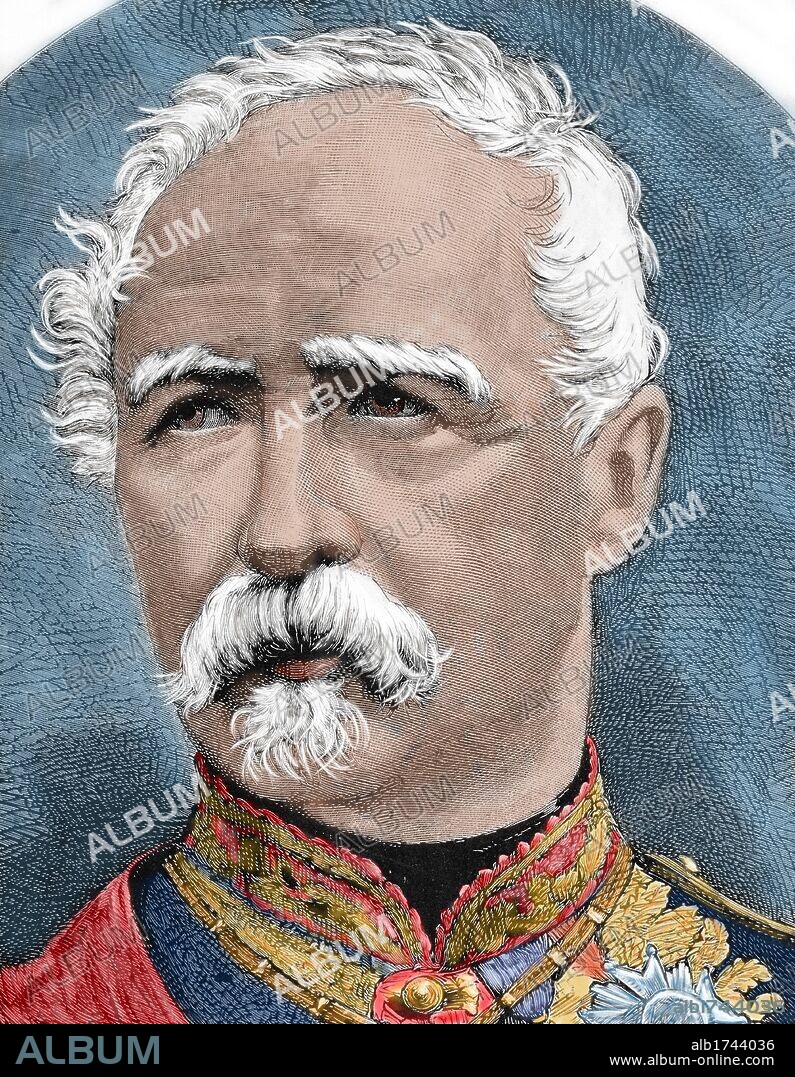 MAC-MAHON, Marie Edmé Patrice Maurice (Sully, 1803-Loiret,1893). Mariscal de Francia, duque de Magenta y segundo presidente de la III República Francesa. Participó en la guerra de Crimea, en la batalla del Sedan y sofocó sangrientamente la Revolución de La Comuna de París. Grabado coloreado del s. XIX.