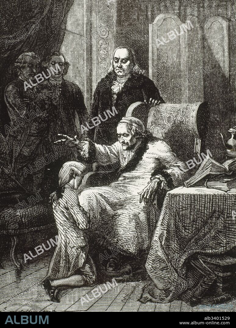 Voltaire (François Marie Arouet) (París, 1694-París, 1778). Escritor francés. Voltaire bendiciendo al nieto de Franklin. Grabado.