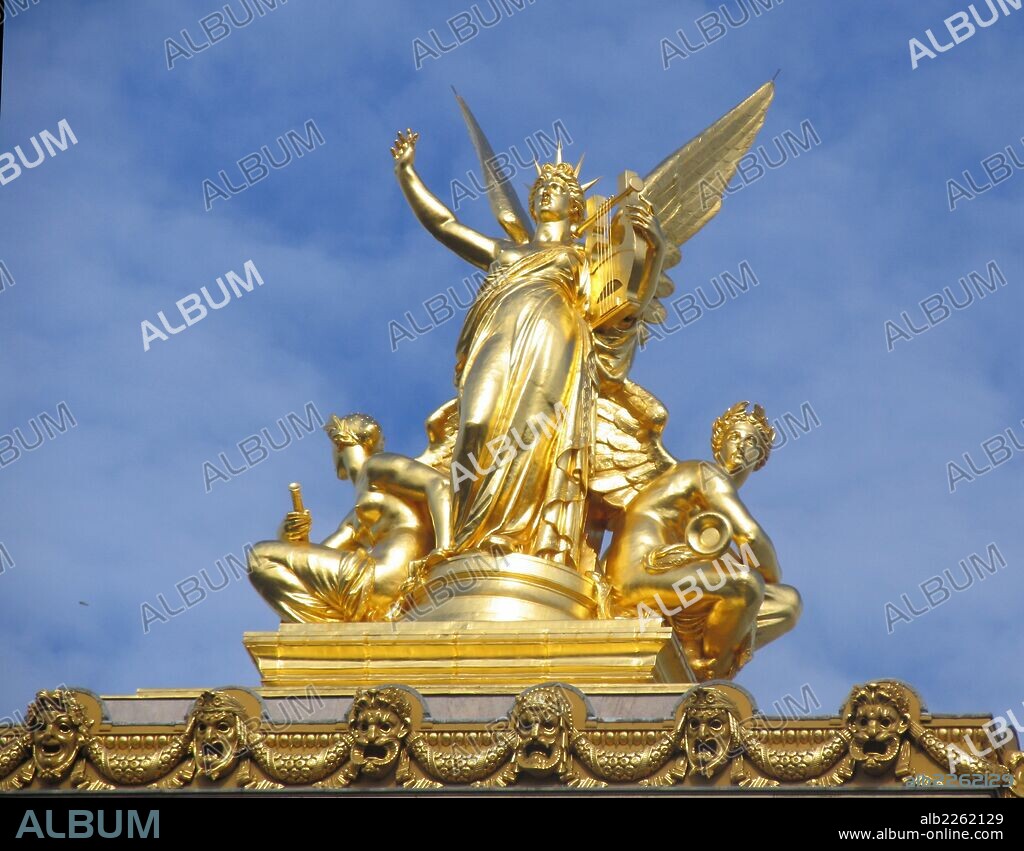 L'Harmonie (1869) atop of the Palais Garnier 2013. The Paris opera house designed by Charles Garnier. Paris.