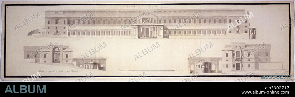 JUAN DE VILLANUEVA. Gabinete de Historia Natural, hoy Museo del Prado. Alzado de las fachadas principal y laterales (norte y mediodía). Date/Period: 1785. Drawing and watercolor.