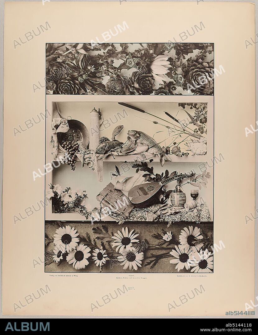 Martin Gerlach, J. Schober, Verlag Gerlach und Schenk, braids and still lifes from houseleek, carrion flowers, orchids, water lily, grape, crab, lobster, fish, shells, reed mace, splendid vessels, musical instrument, book, piece of music, laurel etc. und Massliebchen, Staatliche Landesbildstelle Hamburg, collection on the history of photography, paper, collotype, sheet size: height: 40.10 cm; width: 32.10 cm, inscribed: recto: Verlag von Gerlach & Schenk in Vienna, Déposé. Gerlach, Festons and decorative groups, collotype by J. Schober in Karlsruhe. Numbering, Landesbildstelle, handwritten inv. no, photography, plants and herbs.