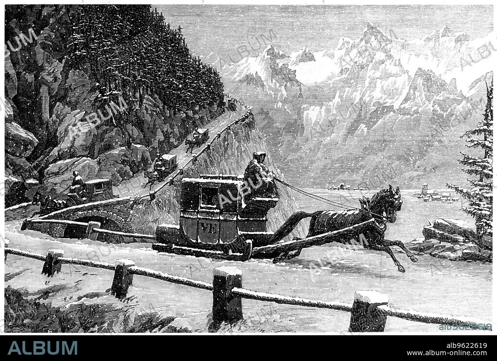 Descending the Mont Cenis pass in winter by horse-drawn sledge, 19th century.