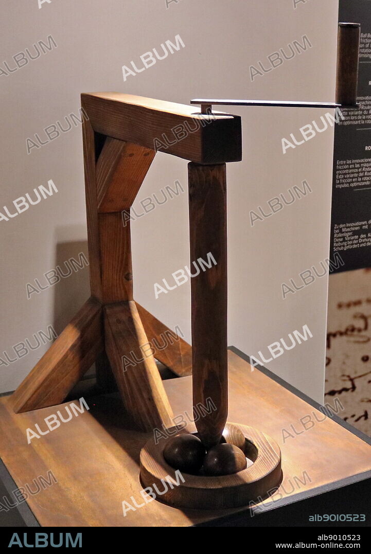 Re-construction of a Thrust Ball Bearing, from a drawing by Leonardo da Vinci, in the Madrid Codex I, folio 101 v. The Thrust Ball Bearing is one of the innovations devised by Leonardo to solve the problem of friction, in machines with systems for the transferral of motion. Leonardo da Vinci (1452-1519), Italian artist and polymath.