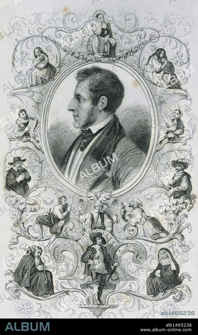 Alessandro Manzoni (Milán, 1785-Milán, 1873). Escritor y poeta italiano representante del movimiento romántico nacional. "Los Novios". Su primera novela, publicada en 1827. Manzoni rodeado por los distintos personajes de la obra. Grabado.