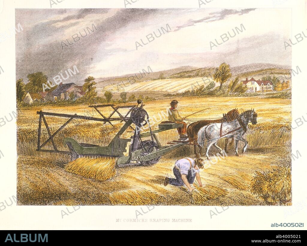 Cyrus McCormick's reaping machine of 1831 (patented 1834), c1851. This, the first widely adopted reaping machine, was shown at the Great Exhibition of 1851 in London where it was awarded a gold medal. Drawn by horses, the machine cut the corn and left it lying in swathes in the harvest field. The figure in the foreground is gathering the corn and tying it into sheaves which would be stood up in stooks, bottom right, to dry before being carried away and stored in stacks. Later models would include a mechanism to bind the corn in sheaves.