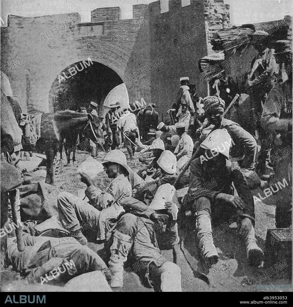 'In the Flowery Land - The Wounded of the Allies at the Mud Gate, Tientsin', 1900. The Battle of Tientsin, or the Relief of Tientsin, occurred on July 13th to 14th, 1900, during the Boxer Rebellion in Northern China. From Black & White Budget, Vol. III. [The Black and White Publishing Company, J P. Monckton, Leeds, Manchester, Glasgow, Edinburgh, London, 1900].