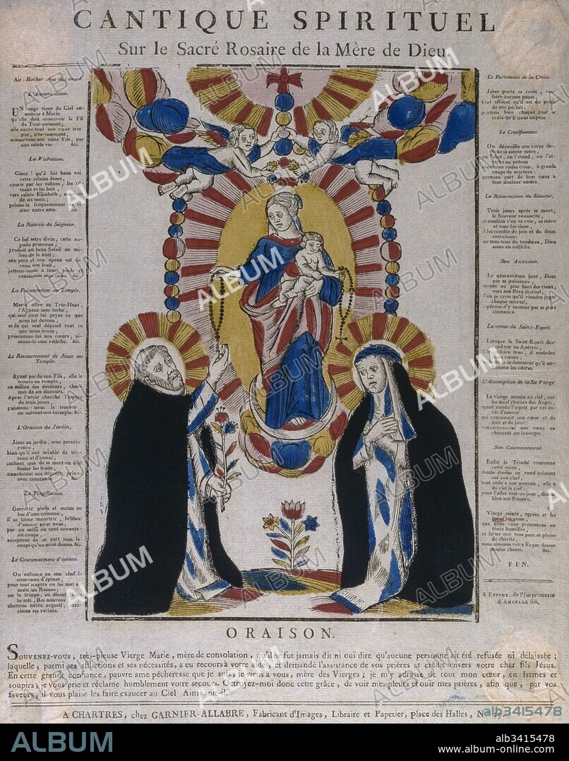 19th century woodcut illustration, showing the coronation of the Virgin Mary  with Jesus. Circa 1810.