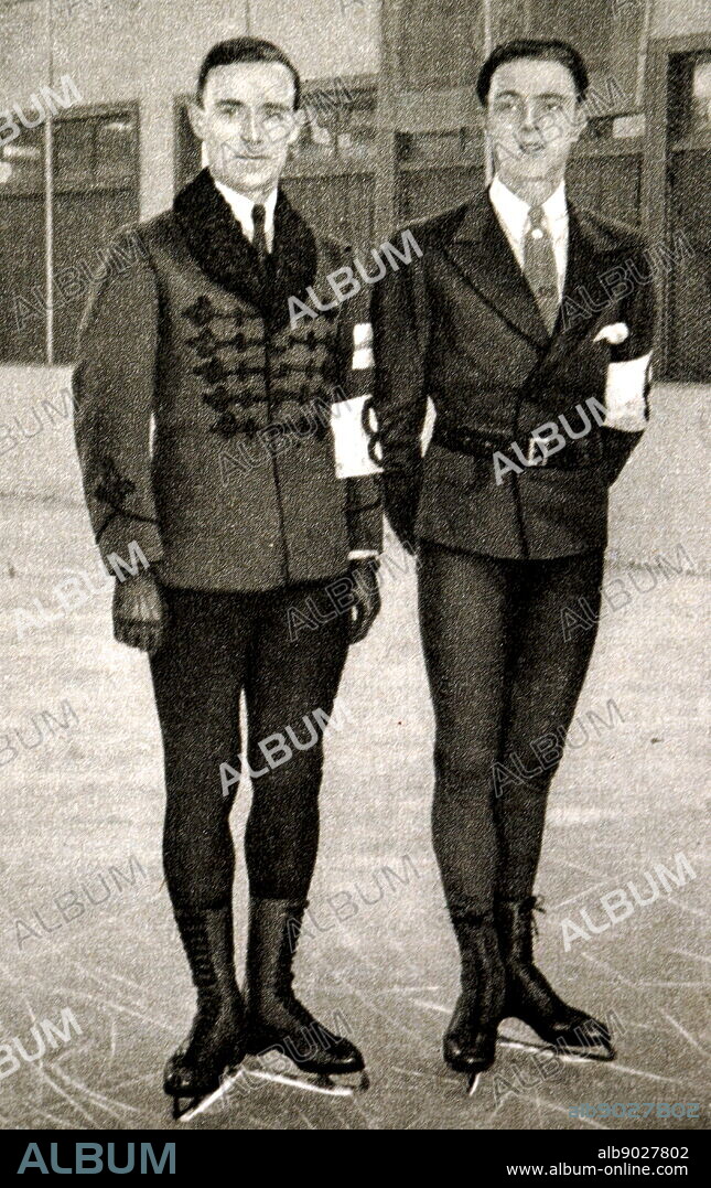 Photograph of (right) Karl Schäfer (1909 - 1976) from Austria and Gillis Grafström (1893 - 1938) from Sweden (left) at the 1932 winter Olympic games. Karl won gold in the men's singles figure skating while Gilles took silver.