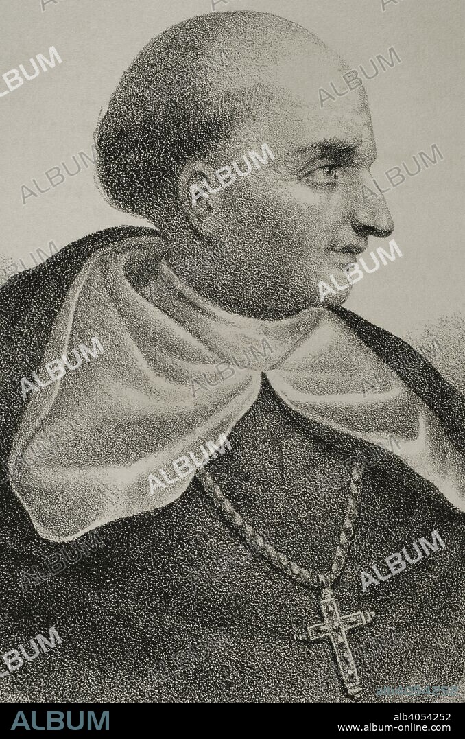 Bartolomé de las Casas (Sevilla, 1474-Madrid, 1566). Encomendero español, fraile dominico, cronista, obispo de Chiapas. Principal defensor de los indígenas y autor de "Brevísima relación de la Destrucción de las Indias". Dibujo por Llanta. Retrato, detalle. Litografía. Crónica General de España, Historia Ilustrada y Descriptiva de sus Provincias. Andalucía, 1867. Biblioteca Histórico Militar de Barcelna, Cataluña, España.