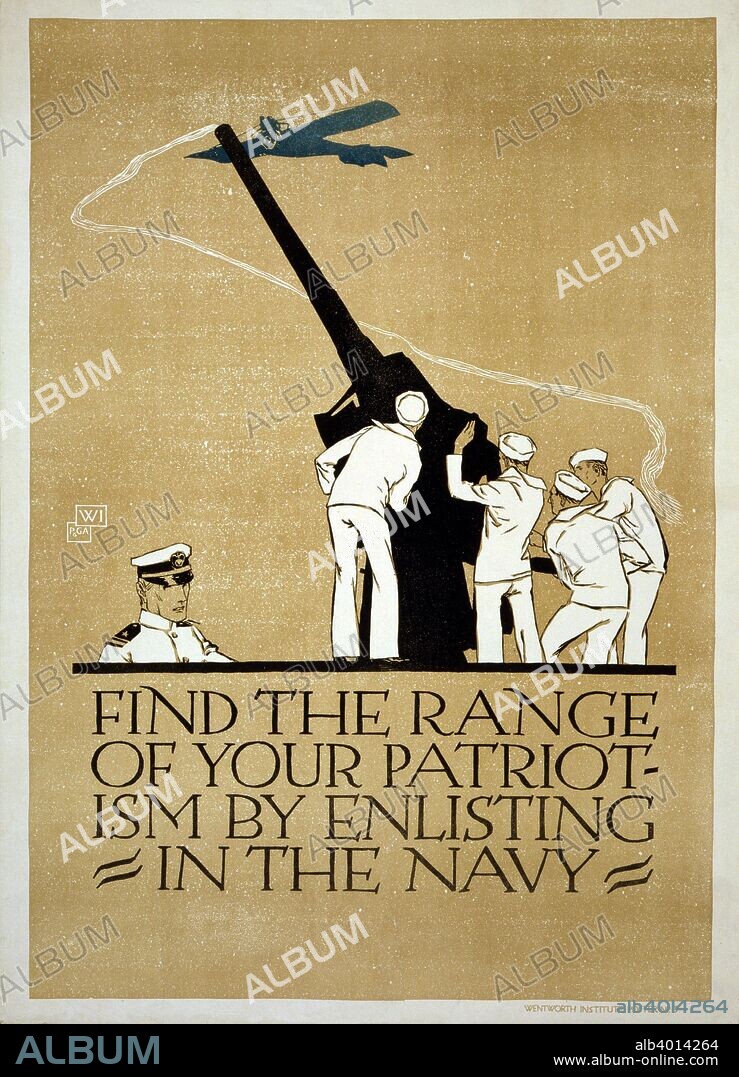 WW1 US Navy Recruitment Poster, pub. 1918 (colour lithograph). Find the Range of your Patriotism by enlisting in the Navy.