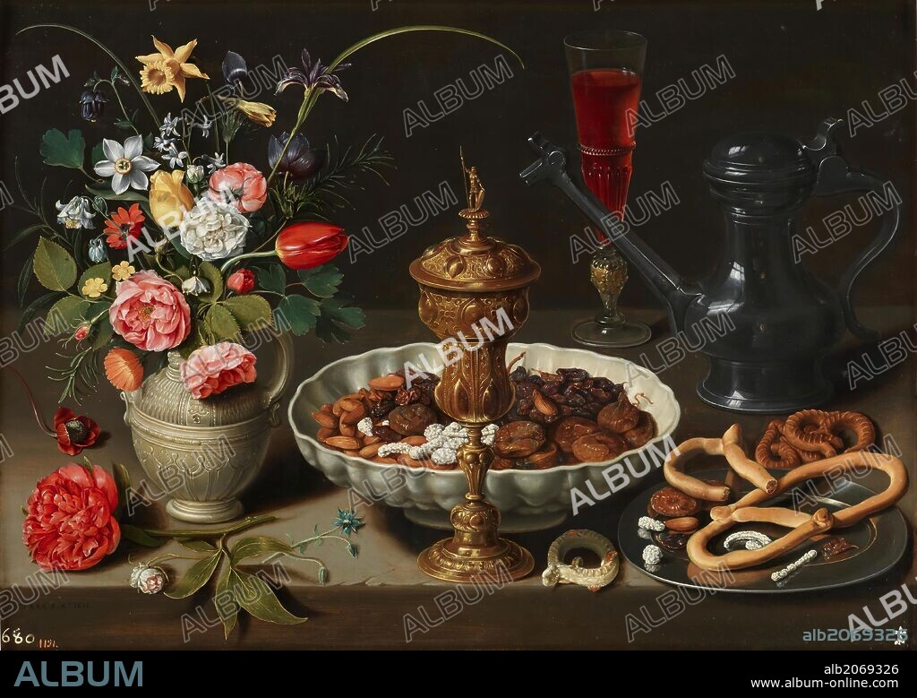 Clara Peeters / 'Bodegón con flores, copa de plata dorada, frutos secos, dulces, panecillos, vino y jarra de peltre', 1611, Escuela Flamenca, Óleo sobre Tabla, 52 cm x 73 cm, P01620.