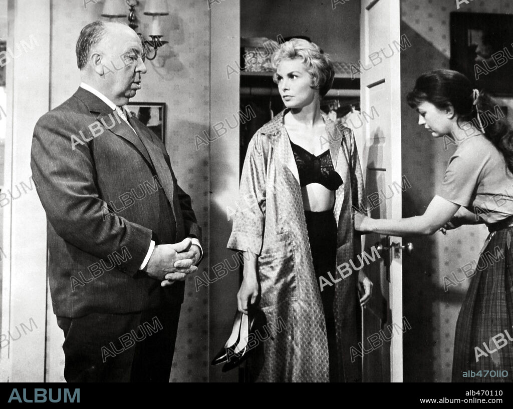 ALFRED HITCHCOCK and JANET LEIGH in PSYCHO, 1960, directed by ALFRED HITCHCOCK. Copyright SHAMLEY PRODUCTIONS.