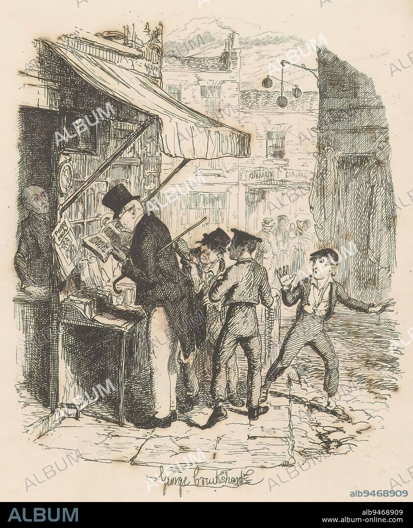 Mr. Brownlow is robbed while looking at a book in front of a book stall, Oliver amazed at the Dodger's mode of 'going to work' (title on object), The two thieves are Charley Bates and Artful Dodger, Oliver Twist looks on in horror., print maker: George Cruikshank, (mentioned on object), publisher: Richard Bentley (uitgever), London, 1838, paper, etching, height 175 mm × width 116 mm.