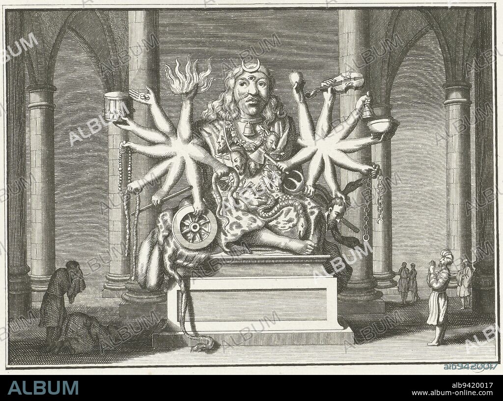 Image of Buddha Ixora venerated in India, Jan Lucas van der Beek, after Bernard Picart, 1763 - 1818, print maker: Jan Lucas van der Beek, (mentioned on object), Bernard Picart, Amsterdam, 1763 - 1818, paper, etching, engraving, h 224 mm × w 270 mm.