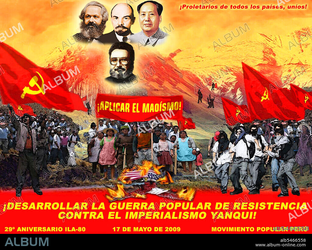 Revolutionary propaganda poster from the Movimiento Popular Peru, one of the external factions of the Partido Comunista de Peru en el Sendero Luminoso de Jose Carlos Mariategui, better known as The Shining Path (Sendero Luminoso). The poster is a complicated montage of images: Front and center under the banner of Maoism, a demonstration of indigenous people burn the American flag and demand the implementation of Maoist policies. Above in the sky is the triumvirate of Marx, Lenin, and Mao, joined by Guzman, the Shining Path leader imprisoned by the Peruvian government in 1992.