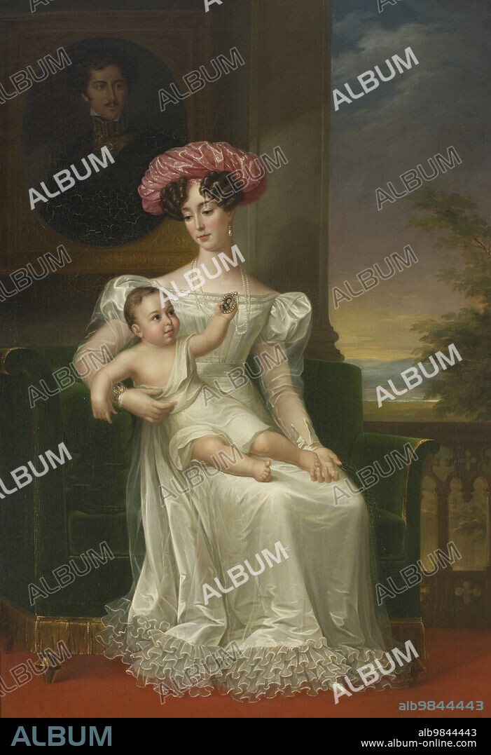 FREDRIC WESTIN. Josefina Maximiliana Eugenia Napoleana, 1807-1876, Queen of Sweden, with son Karl (XV), 1826.