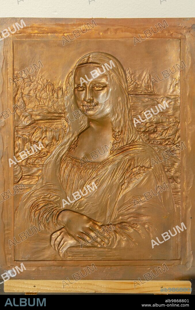Pioraco (Italy, Marche - Macerata province), Paper and Watermark Museum. Punch and counter punch of the wax engraving to obtain the watermarked paper with the image of the Mona Lisa.