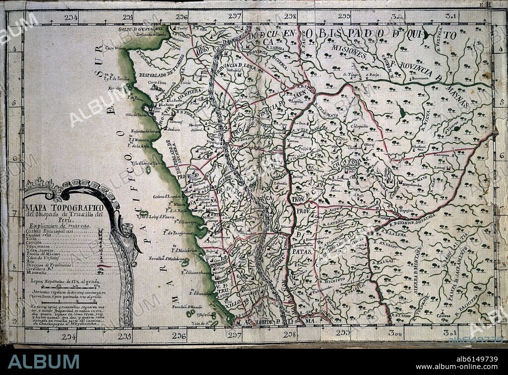 MARTINEZ COMPAÑON BALTASAR. CODICE TRUJILLO DEL PERU - TOMO I - E II - MAPA TOPOGRAFICO DEL OBISPADO DE TRUJILLO - ACUARELA - FINES DEL SIGLO XVIII.